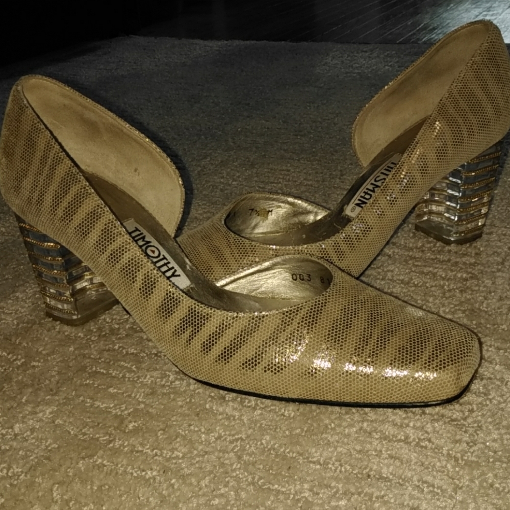 Vintage Timothy Hitsmsn gold shoes with clear heel